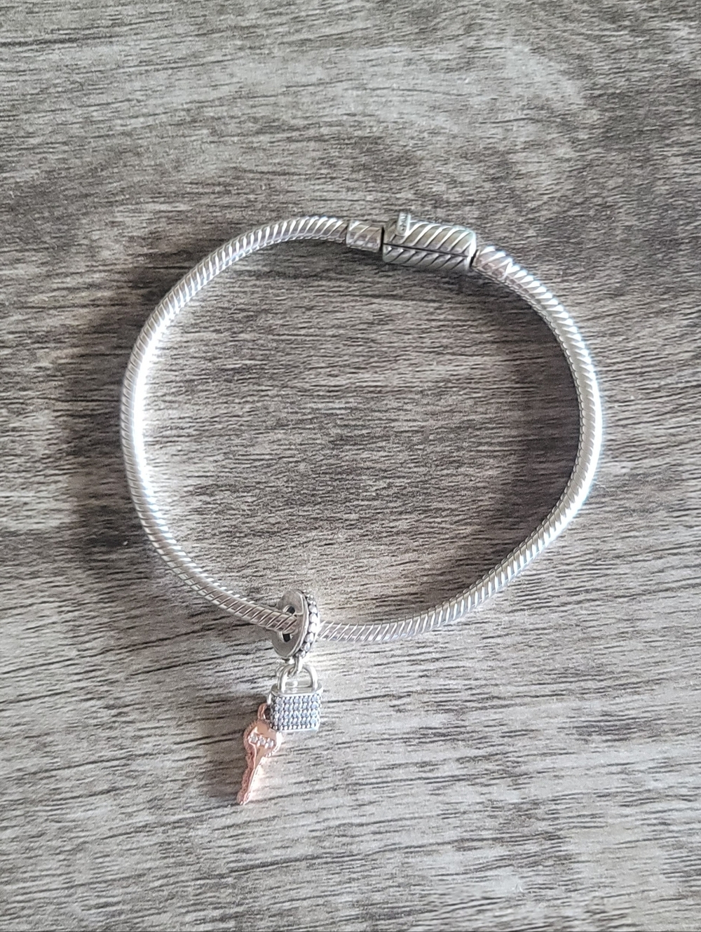 Pandora Silver Snake Chain Bracelet with Padlock and Rose Gold Key Charm